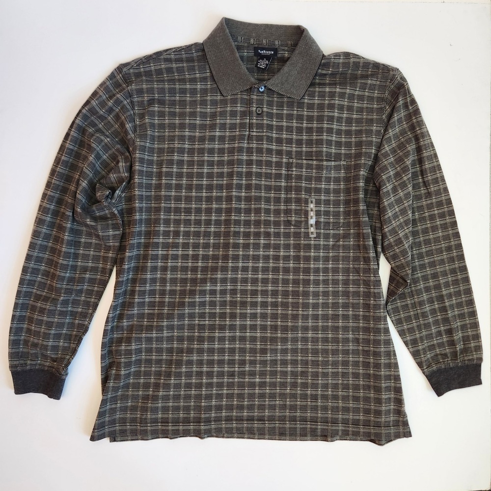 Van Heusen Mens Plaid Long Sleeve Polo Shirt Wrinkle Free‎ Size XL NWT